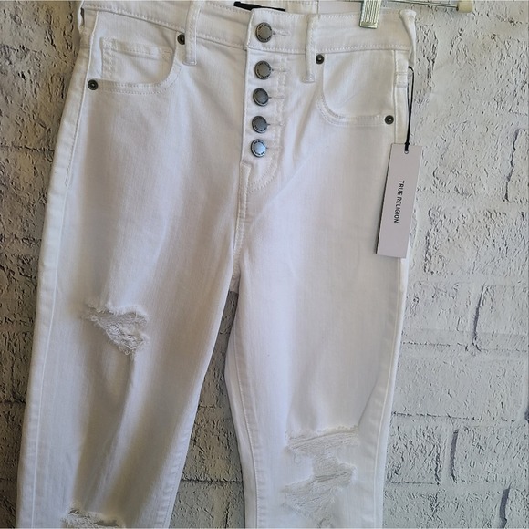True Religion High Waist Button Fly Starr Optic White Distressed Jeans NWT SZ 25 - Picture 6 of 16